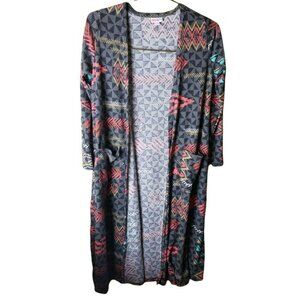 LuLaRoe Sarah Cardigan Duster Size Small Grey Orange Teal Patterned Pockets